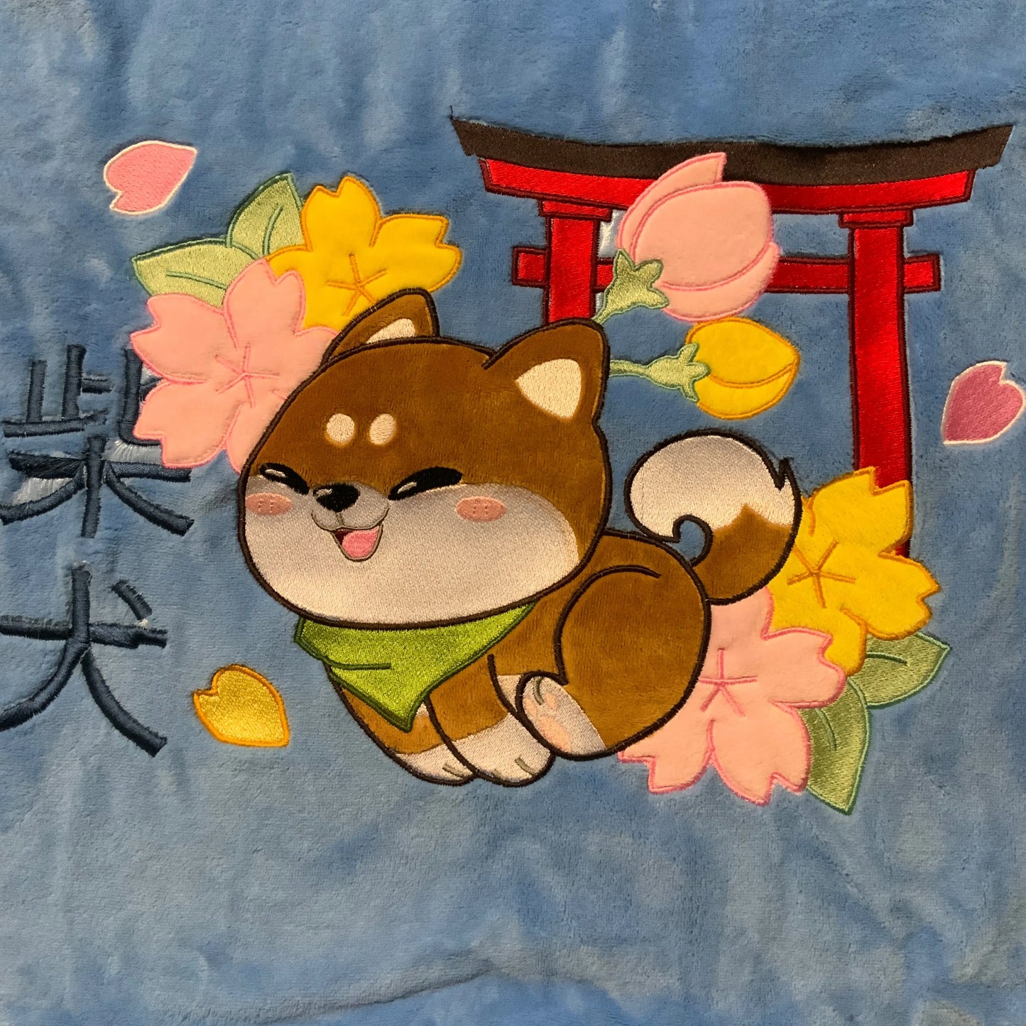 Plaid bleu brodé Shiba Tinyneko.fr
