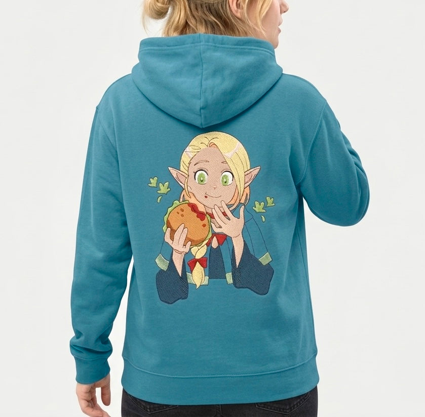 Sweatshirt à capuche brodé bleu Marcille Dungeon Meshi Tinyneko.fr