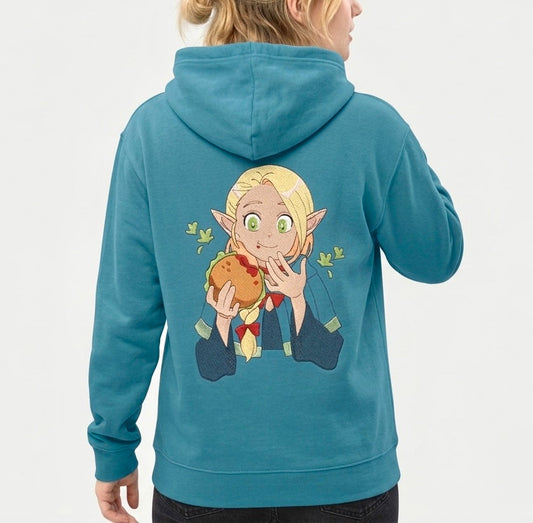 Sweatshirt à capuche brodé bleu Marcille Dungeon Meshi Tinyneko.fr