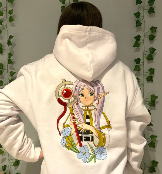 Sweatshirt à capuche brodé blanc Frieren