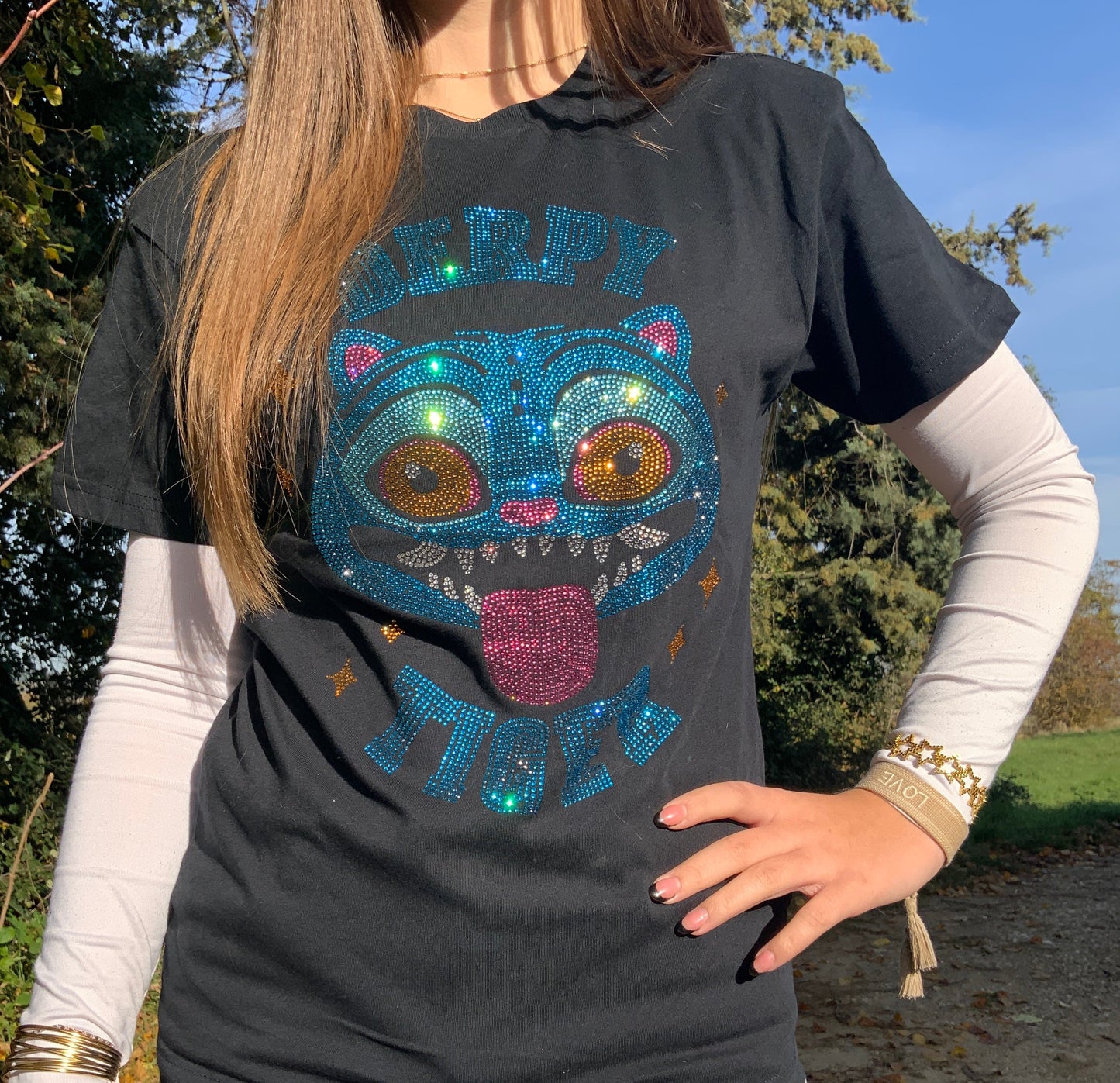 T-shirt noir Strass Derpy Tiger Kpop Demon Hunter Tinyneko.fr